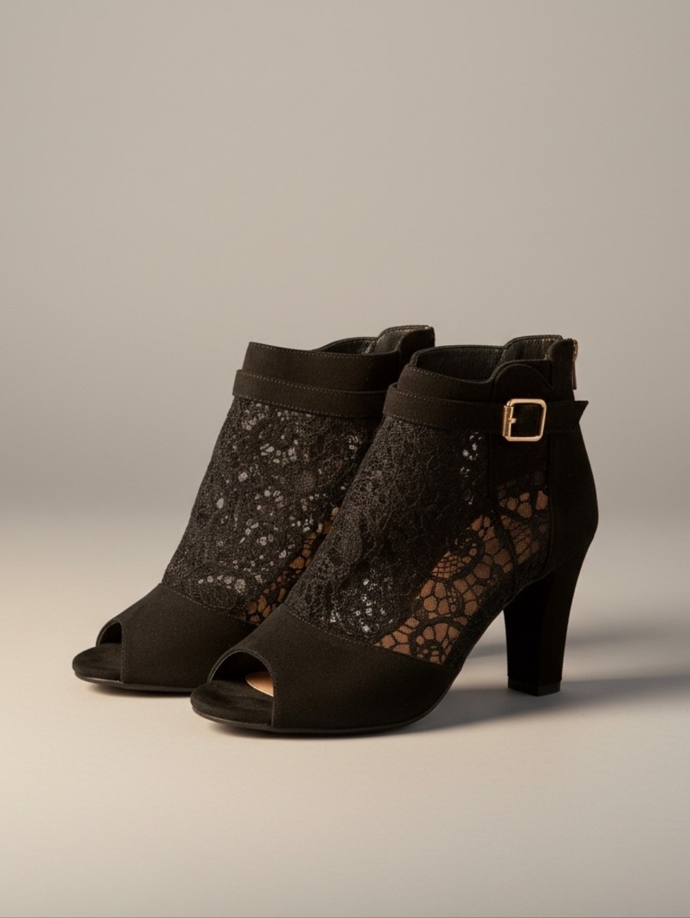 Women's Black Lace Peep-Toe Ankle Boots